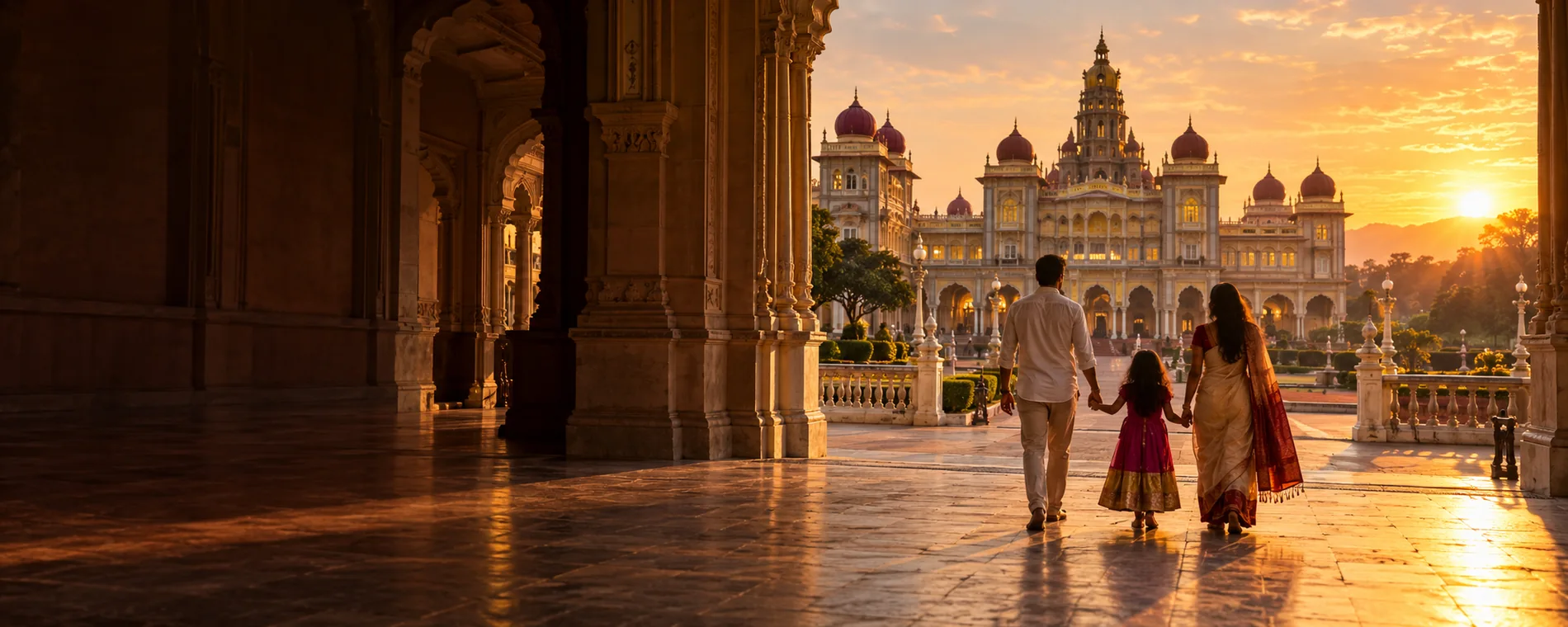 A family walking toward Mysuru Palace at golden hour